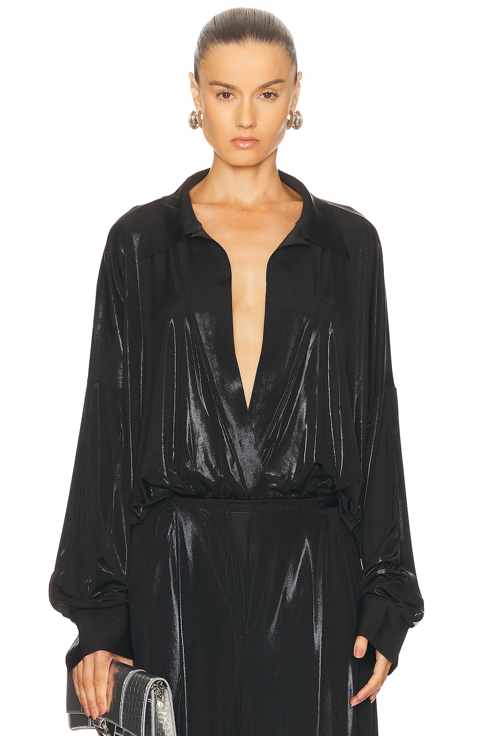 Image 1 of Norma Kamali Super Oversized Boyfriend Shirt Bodysuit in Black