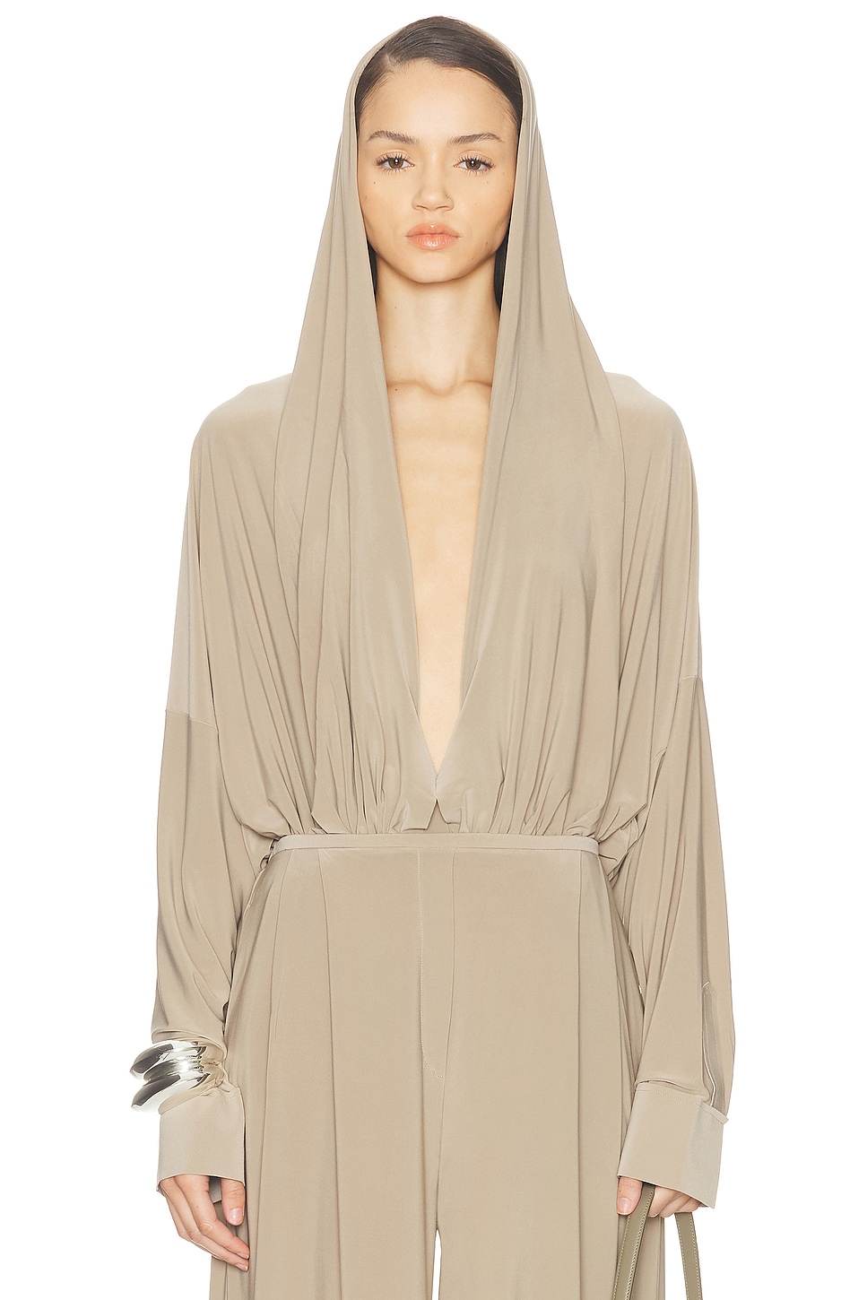 Hooded Super Oversized Boyfriend Bodysuit in Neutral
