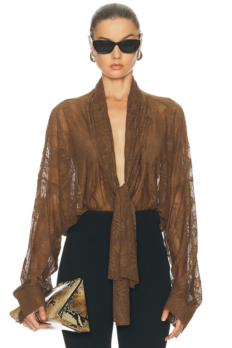 Norma Kamali For Fwrd Super Oversized Boyfriend Stretch Lace Bodysuit In Brown