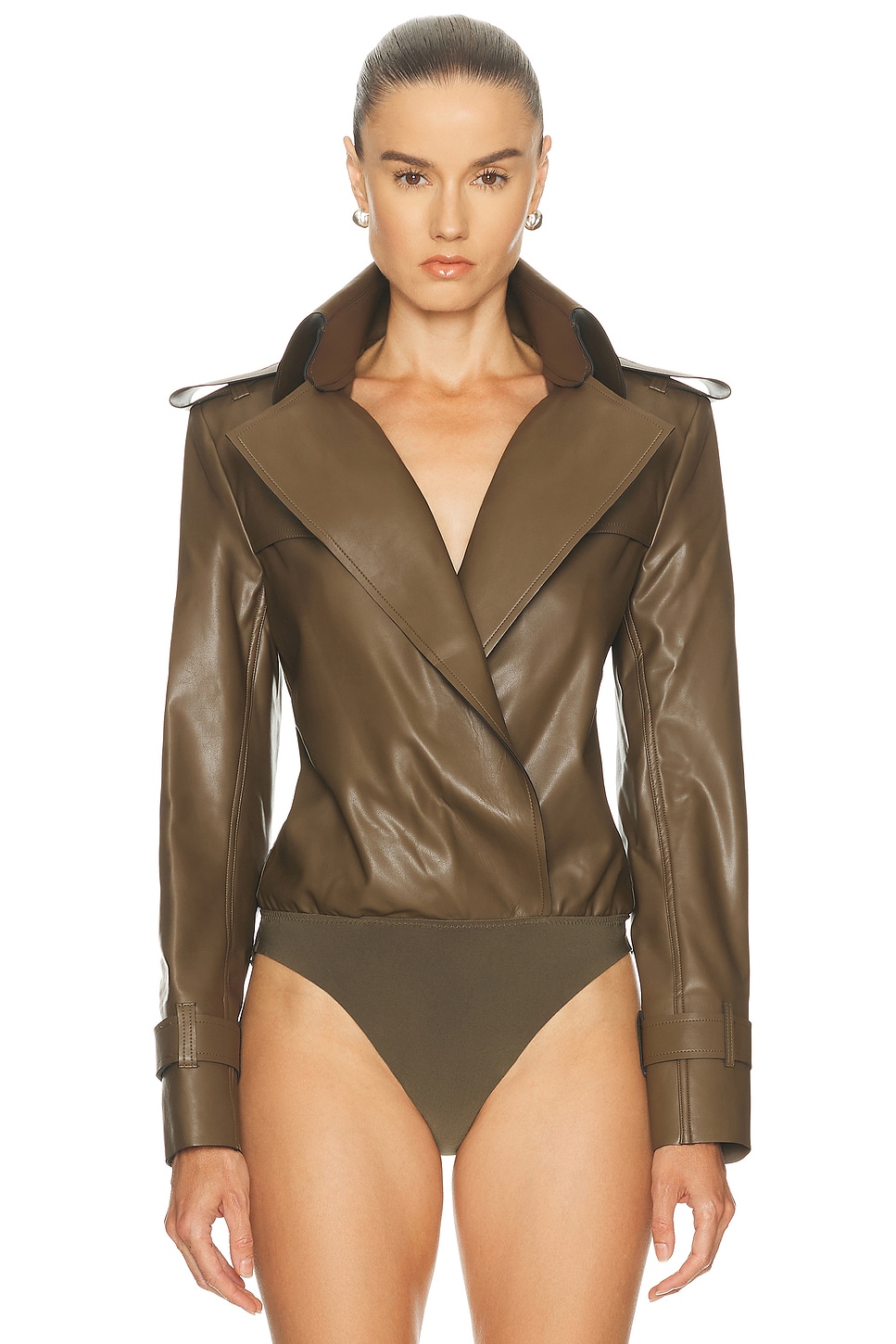 Norma Kamali Double Breasted Trench Bodysuit In Brown