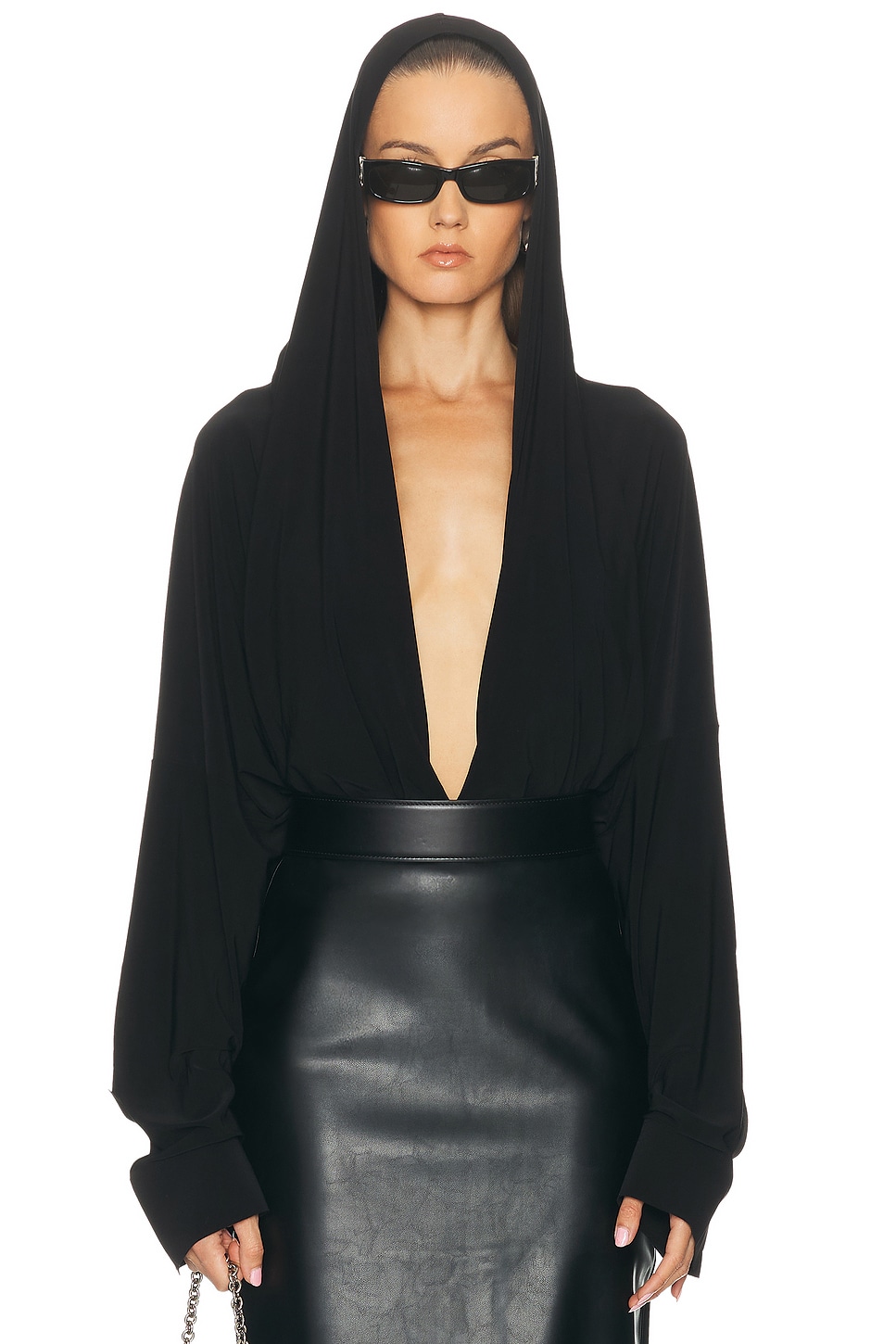 Image 1 of Norma Kamali Hooded Super Oversized Boyfriend Shirt Bodysuit in Black