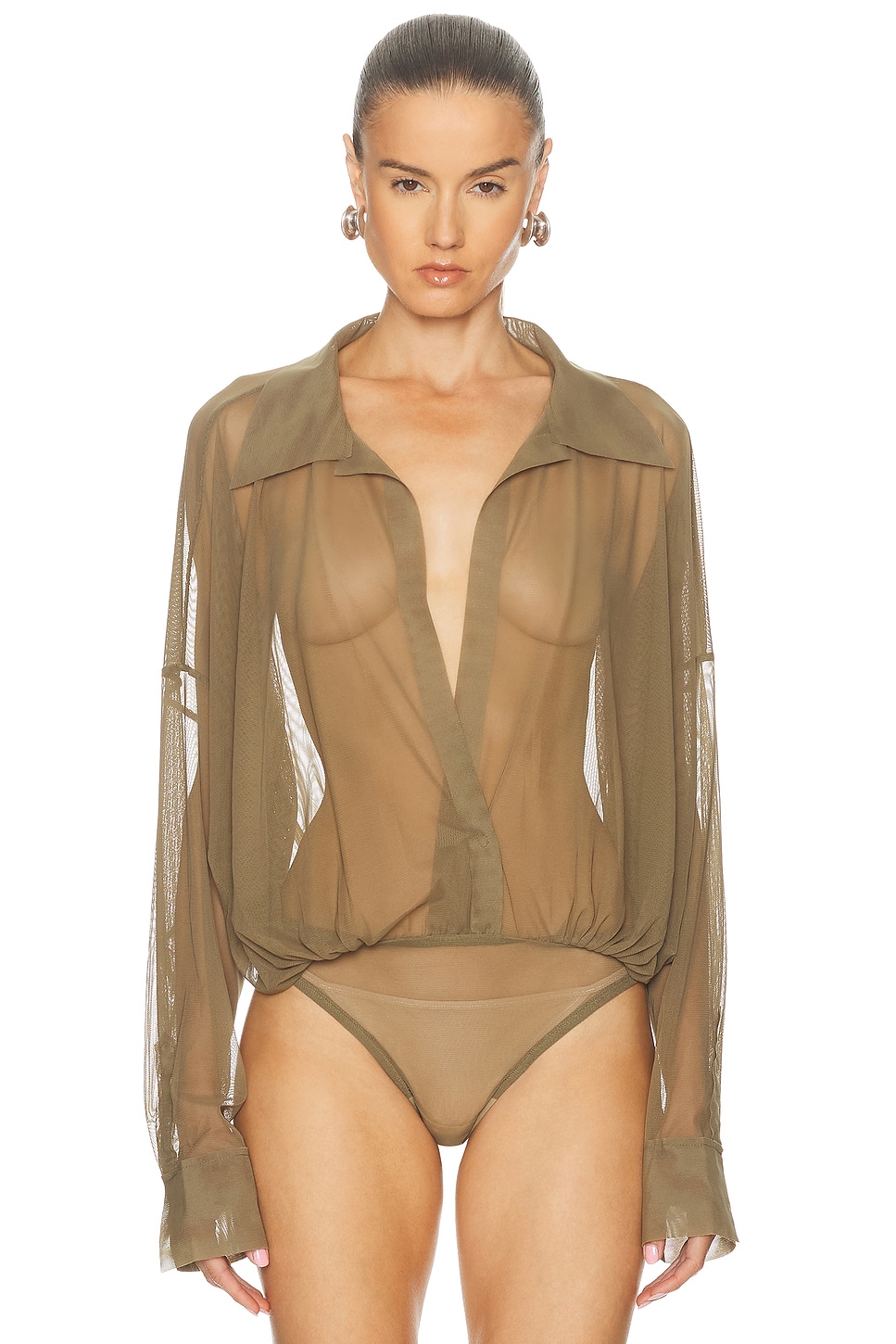 Norma Kamali Super Oversized Boyfriend Shirt Bodysuit In Brown