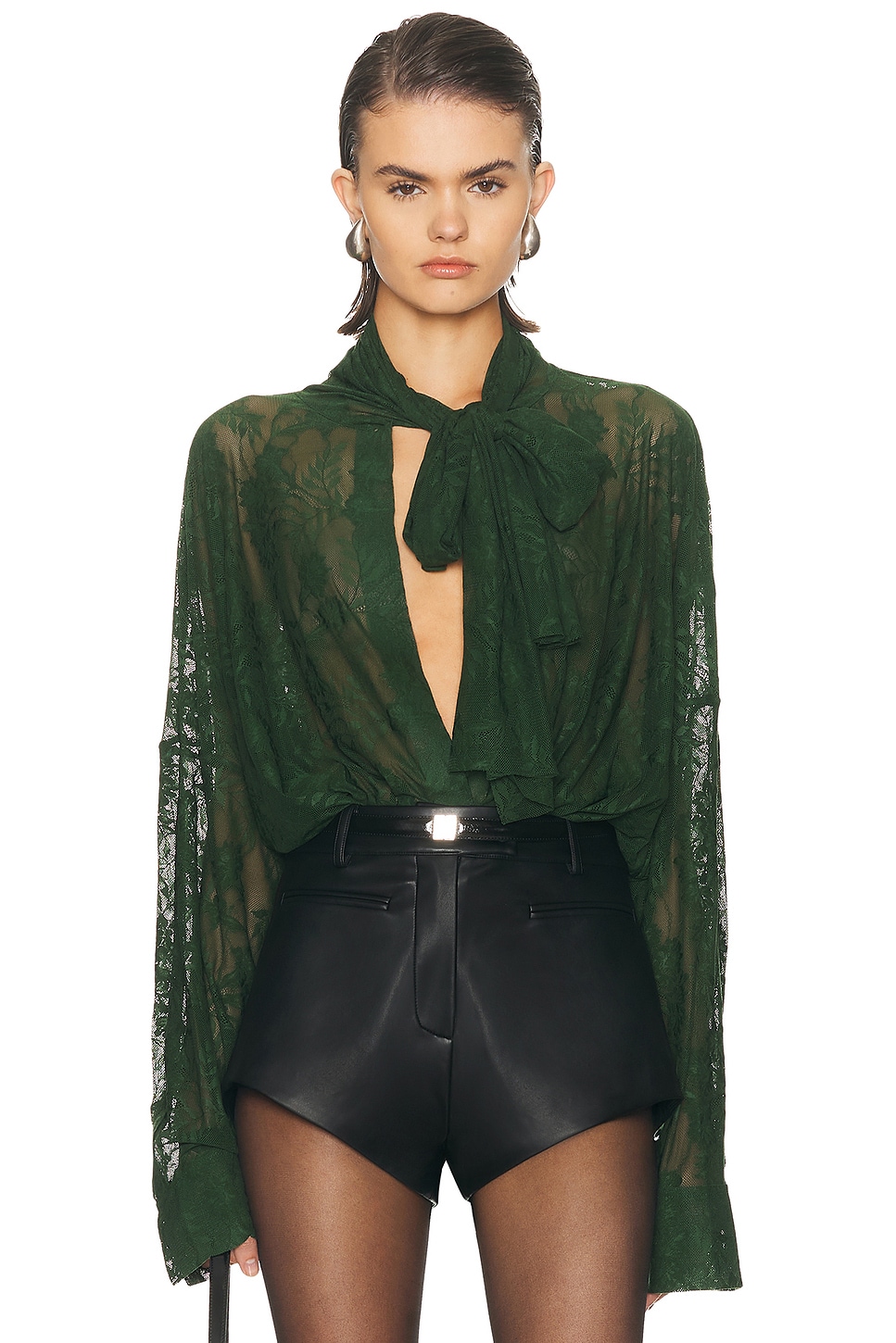 Image 1 of Norma Kamali Super Oversized Boyfriend Bow Bodysuit in Dark Emerald