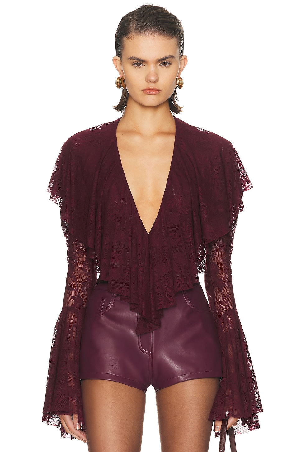 Image 1 of Norma Kamali Long Sleeve Deep V Ruffle Bodysuit in Plum