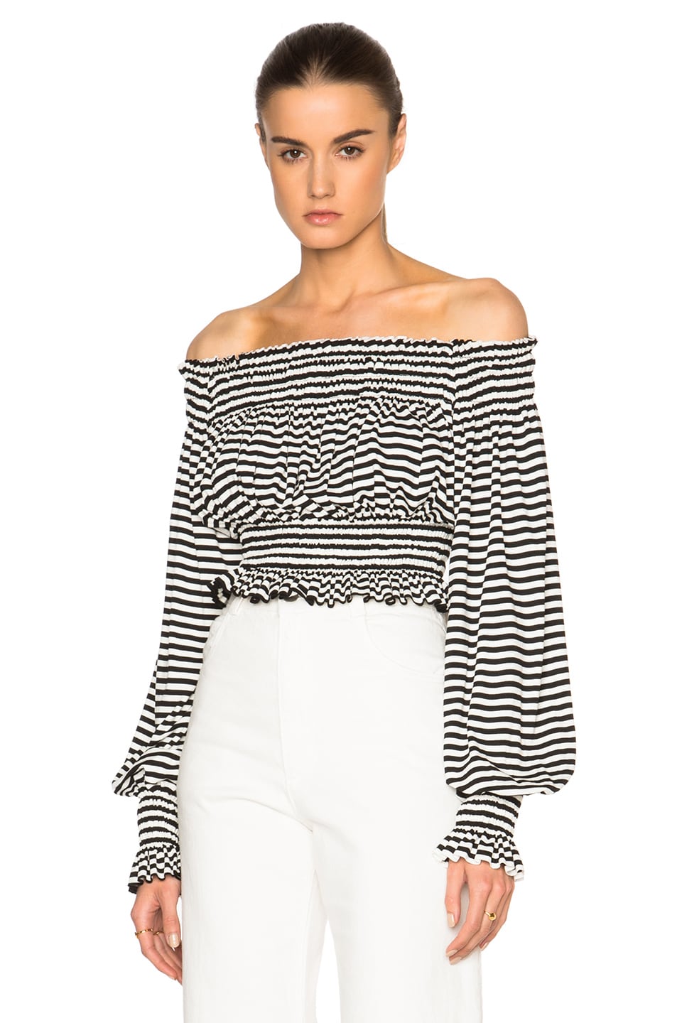 Norma Kamali Cropped Peasant Top in Black & White | FWRD