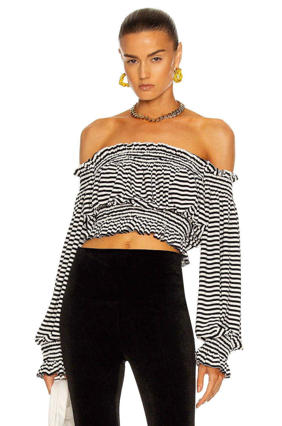 Image 1 of Norma Kamali Cropped Peasant Top in 1/4 Ivory & Black Stripe