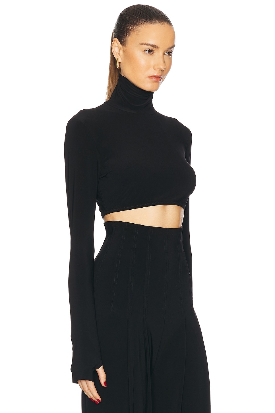 Norma Kamali Cropped Slim Fit Long Sleeve Turtleneck Top thumbnail