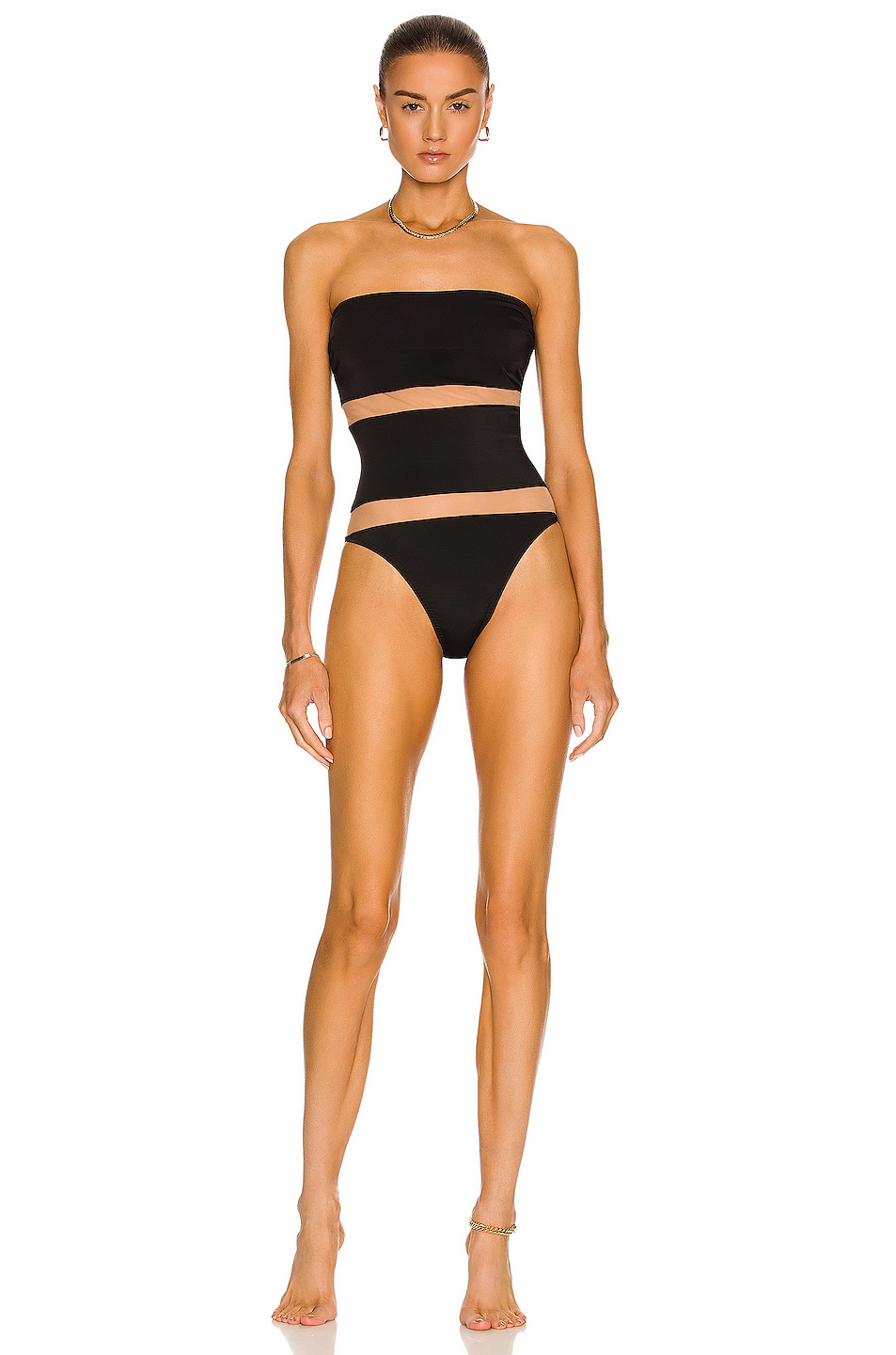 Image 1 of Norma Kamali Bishop Nude Insert One Piece Swimsuit in Black & Nude Mesh