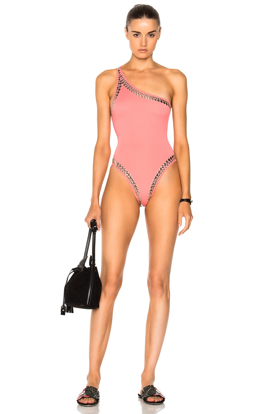 Image 1 of Norma Kamali for FWRD Stud One Shoulder Mio One Piece in Coral