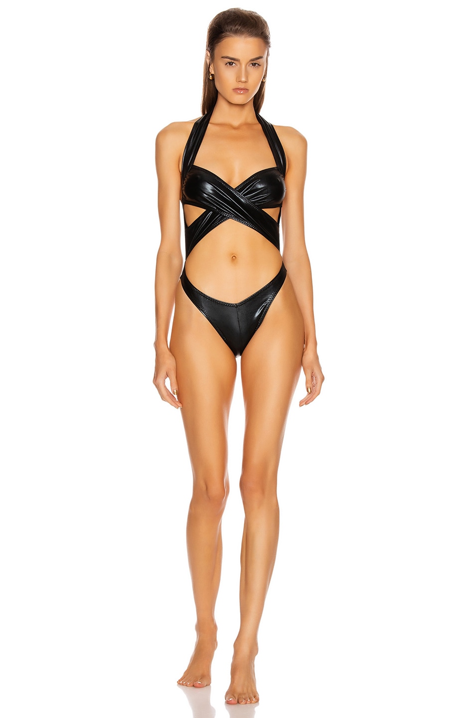 Image 1 of Norma Kamali High Leg Cross Over Mio Swimsuit in Black Foil