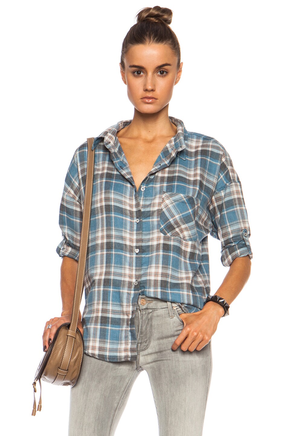 Image 1 of NSF Rhodes Poly-Blend Button Up in Blue & Brown