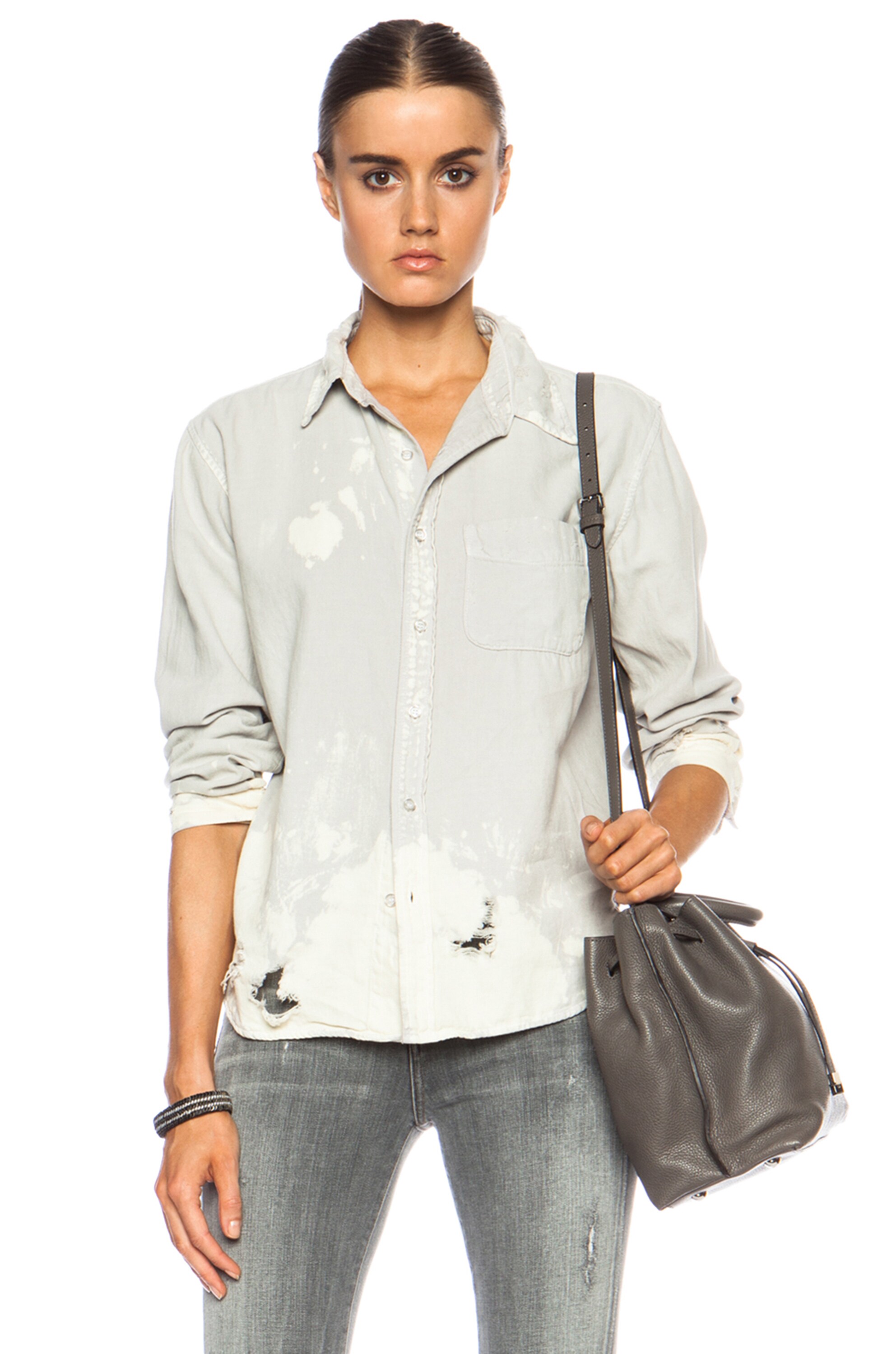 Image 1 of NSF Axel Button Up Cotton Top in Pale Grey Bleach