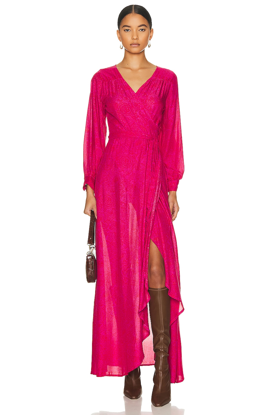 Image 1 of Natalie Martin Kate Long Sleeve Maxi Dress in Shangri-la Print Raspberry