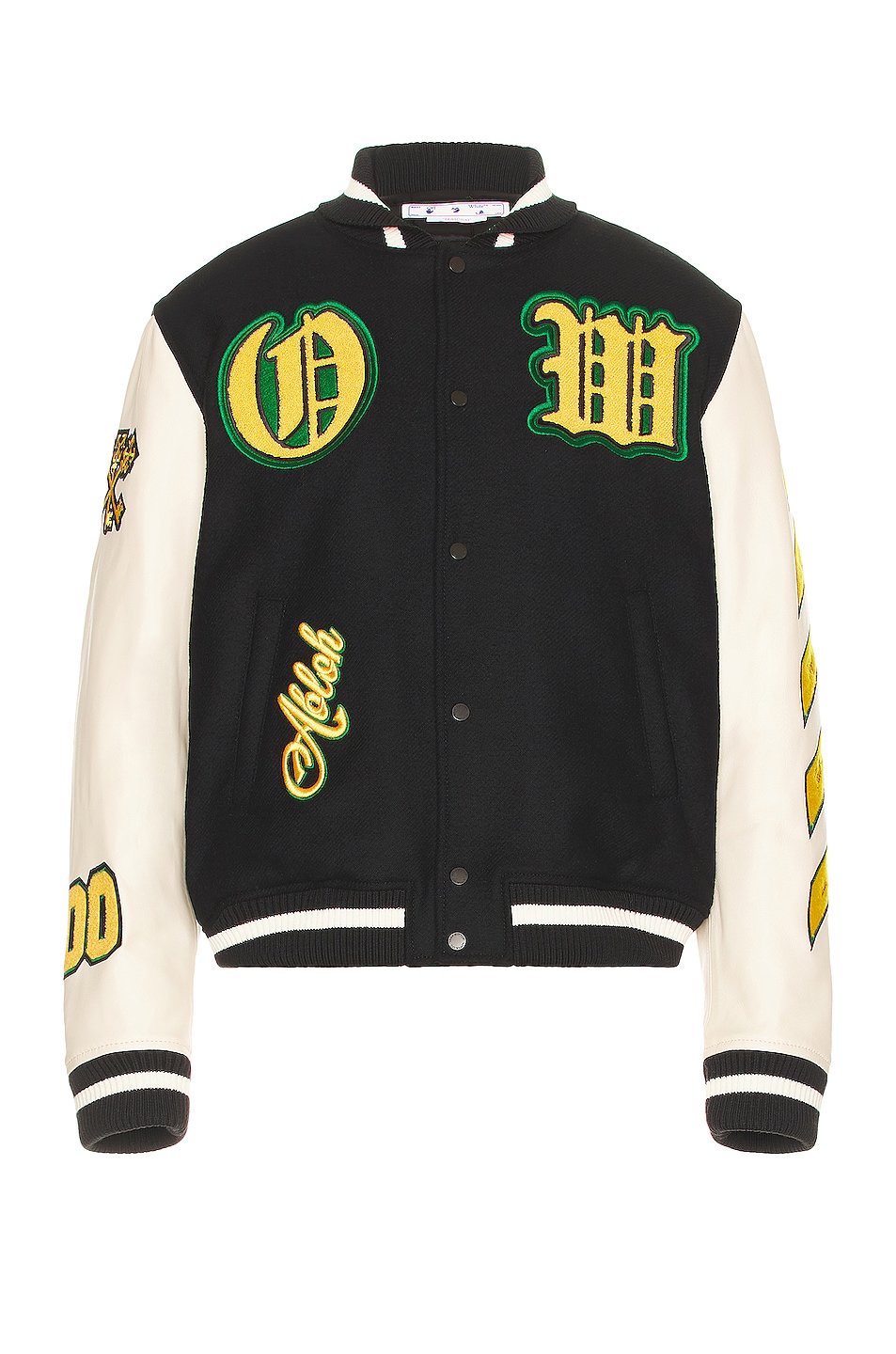 Image 1 of OFF-WHITE Graphics Leather Varsity Jacket in Black & Yellow
