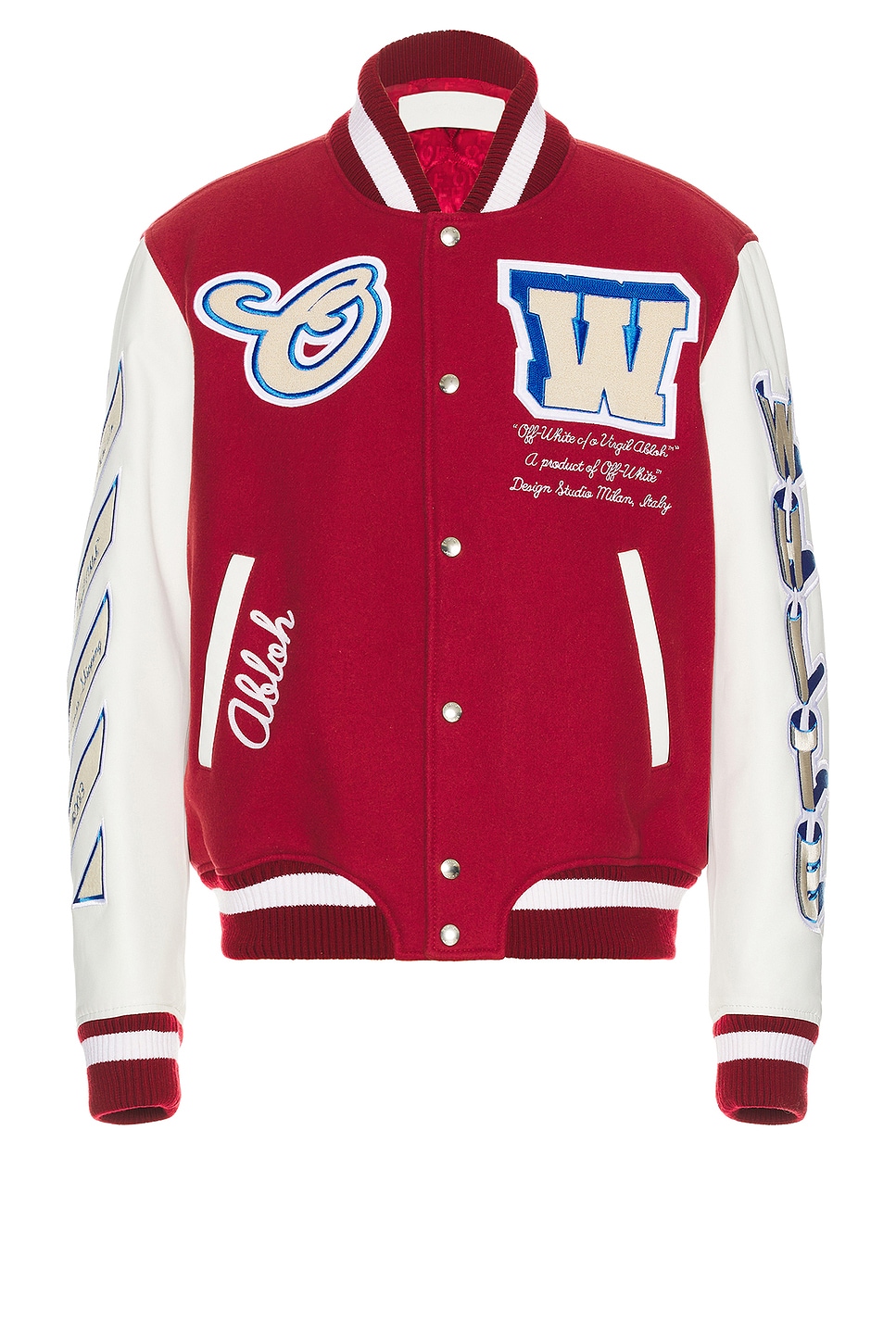 OFF-WHITE On The Go Leather Sleeve Varsity Jacket in Red & Off White | FWRD