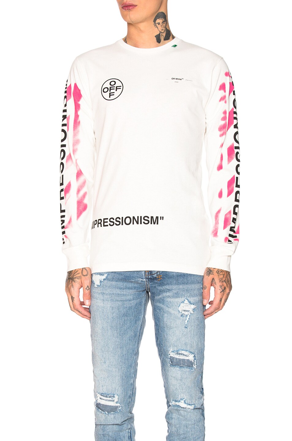 Image 1 of OFF-WHITE Diagonal Stencil Longsleeve Tee in Off White & Fuchsia
