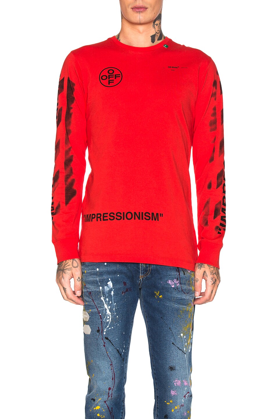Image 1 of OFF-WHITE Diagonal Stencil Longsleeve Tee in Red & Black