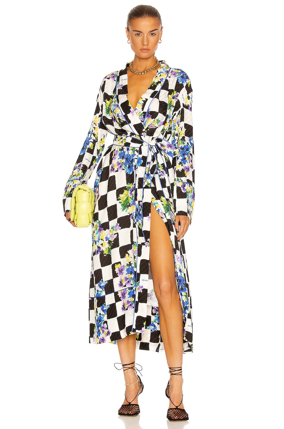 Image 1 of OFF-WHITE Check Flowers Pajama Robe in Black & White