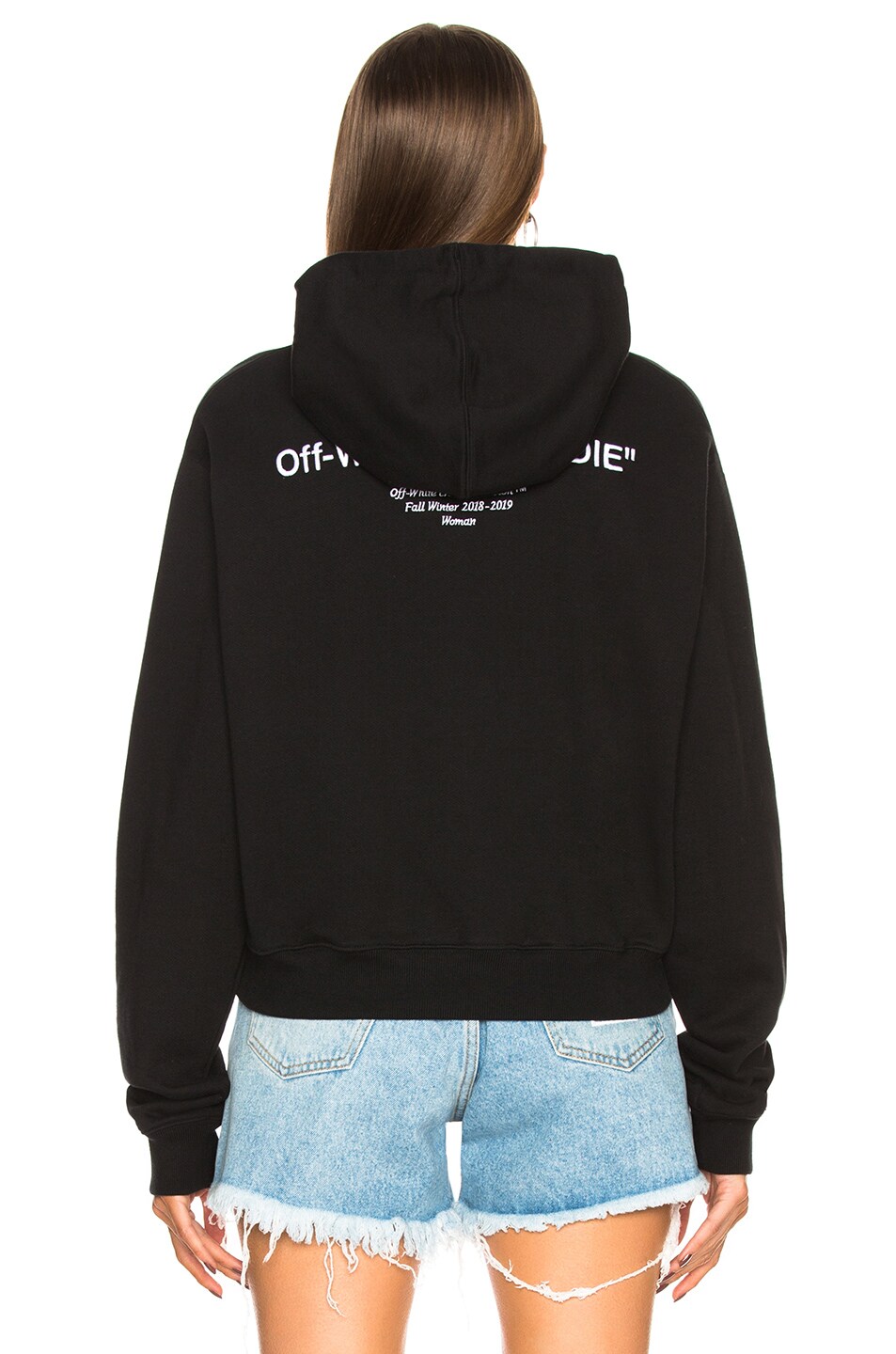 OFF-WHITE Quotes Cropped Hoodie in Black & White | FWRD