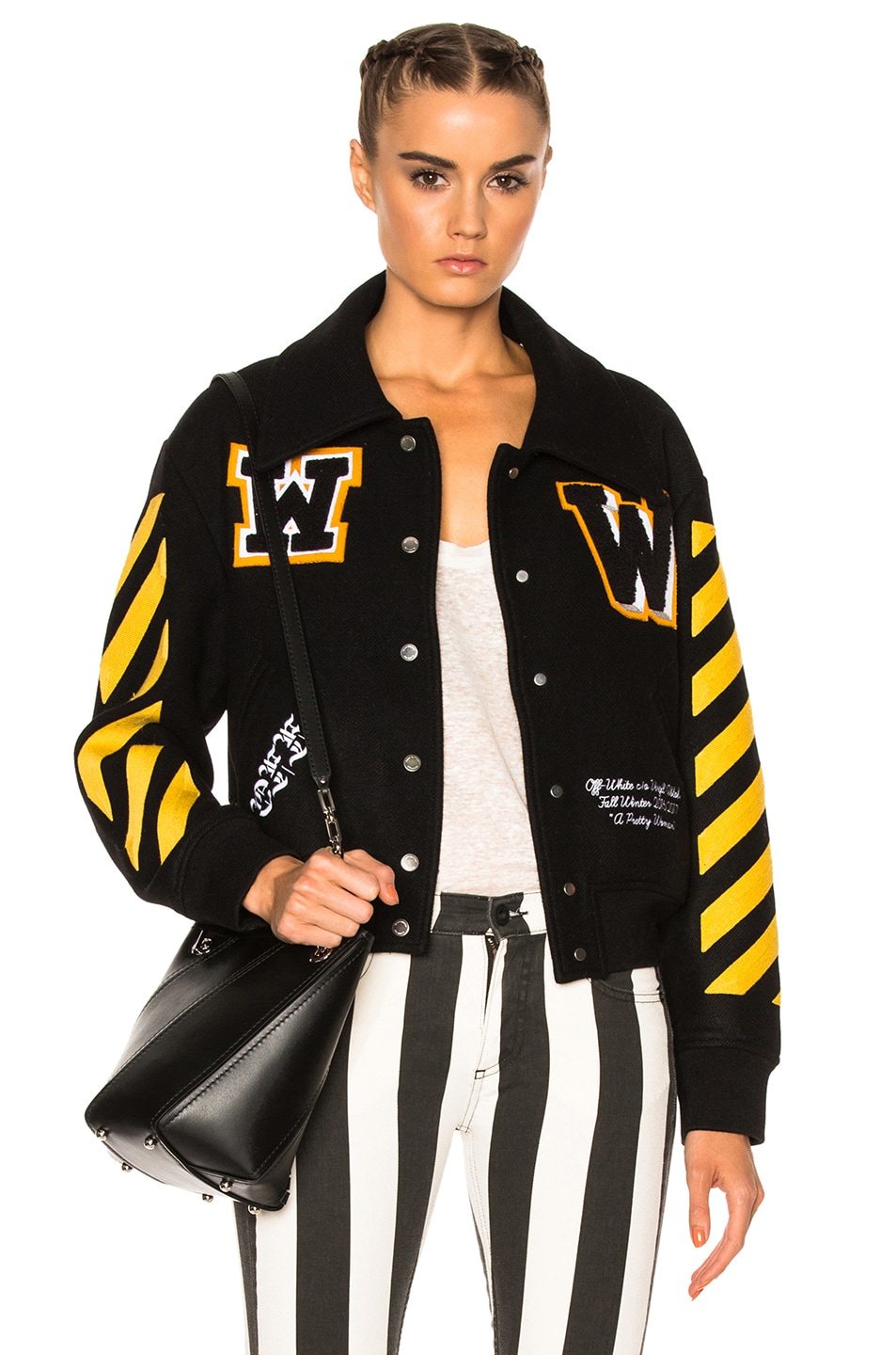 Image 1 of OFF-WHITE Varsity Bomber Jacket with Patches in Black & Yellow