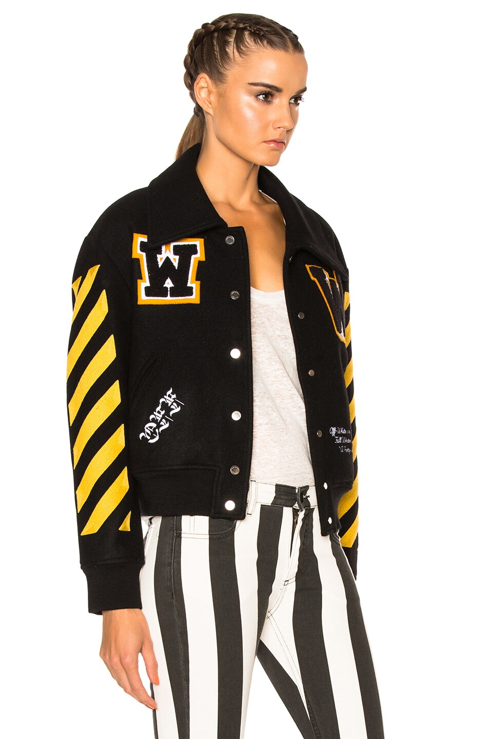OFF-WHITE Varsity Bomber Jacket with Patches in Black & Yellow | FWRD