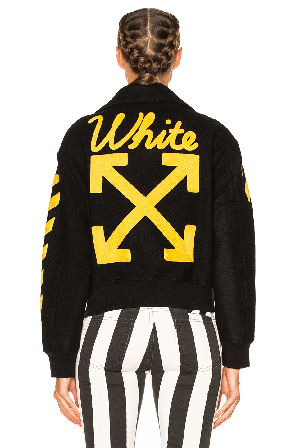 OFF-WHITE Varsity Bomber Jacket with Patches in Black & Yellow | FWRD