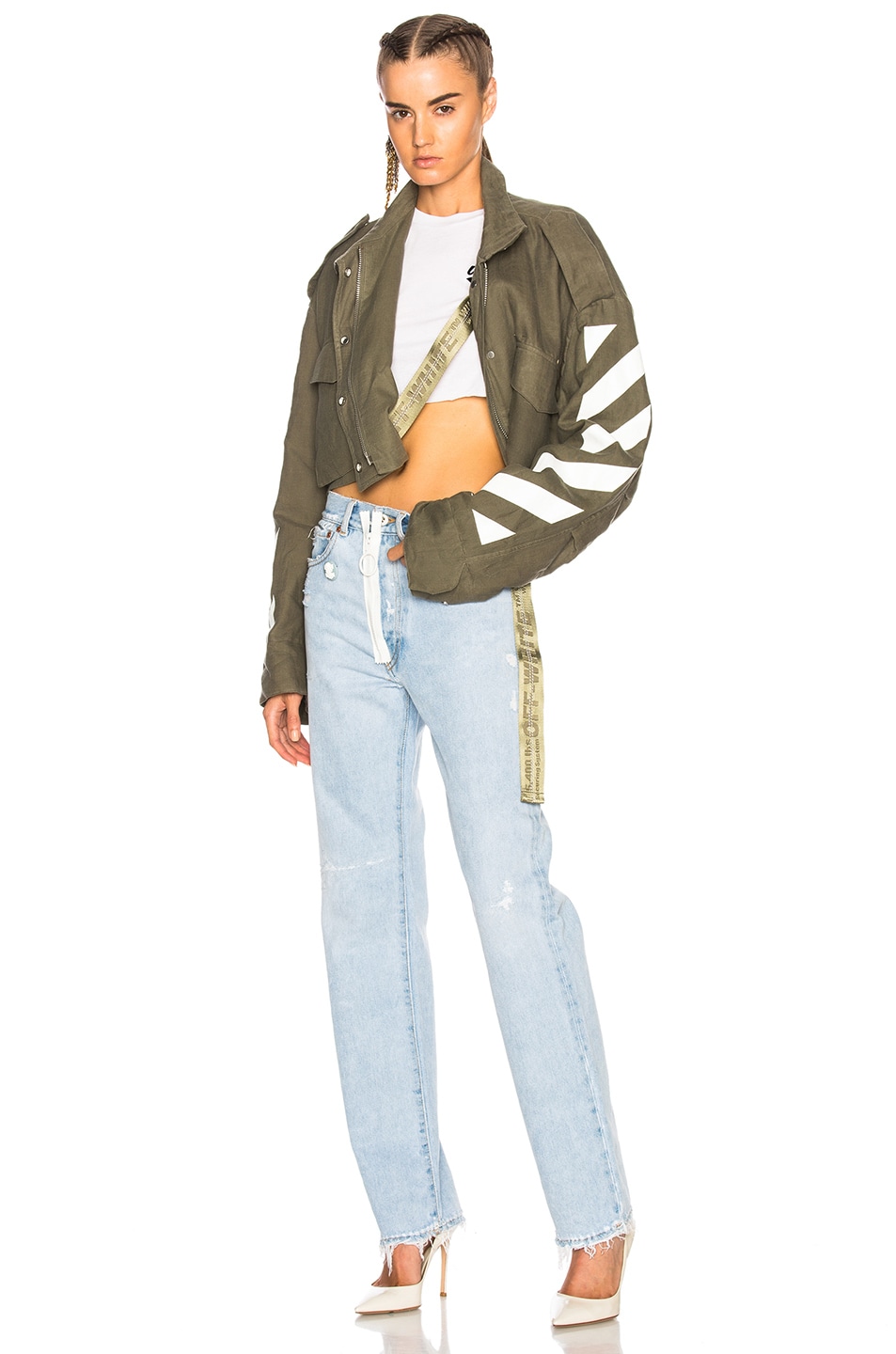 Image 1 of OFF-WHITE Diagonal Cropped M65 Military Jacket in Military Green