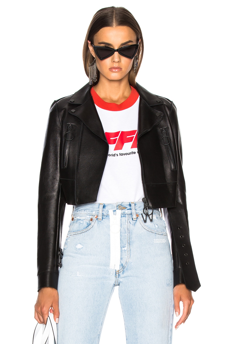 Image 1 of OFF-WHITE Woman Cropped Biker Jacket in Black & White