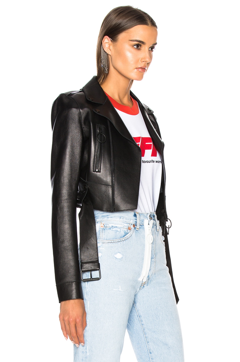 OFF-WHITE Woman Cropped Biker Jacket in Black & White | FWRD