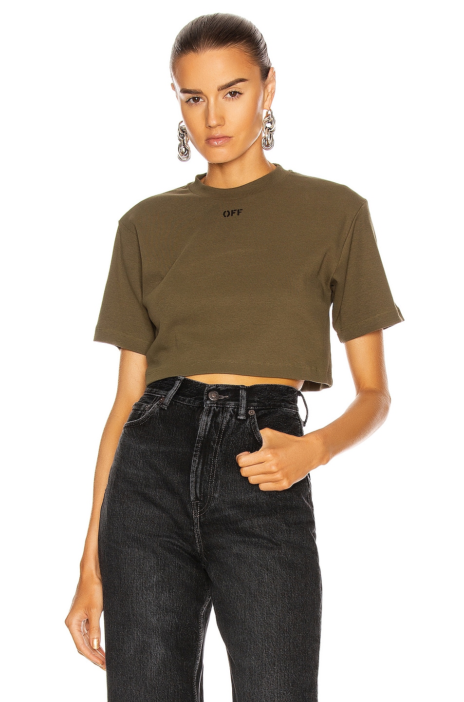 Image 1 of OFF-WHITE Rib Cropped Casual Tee in Military & White