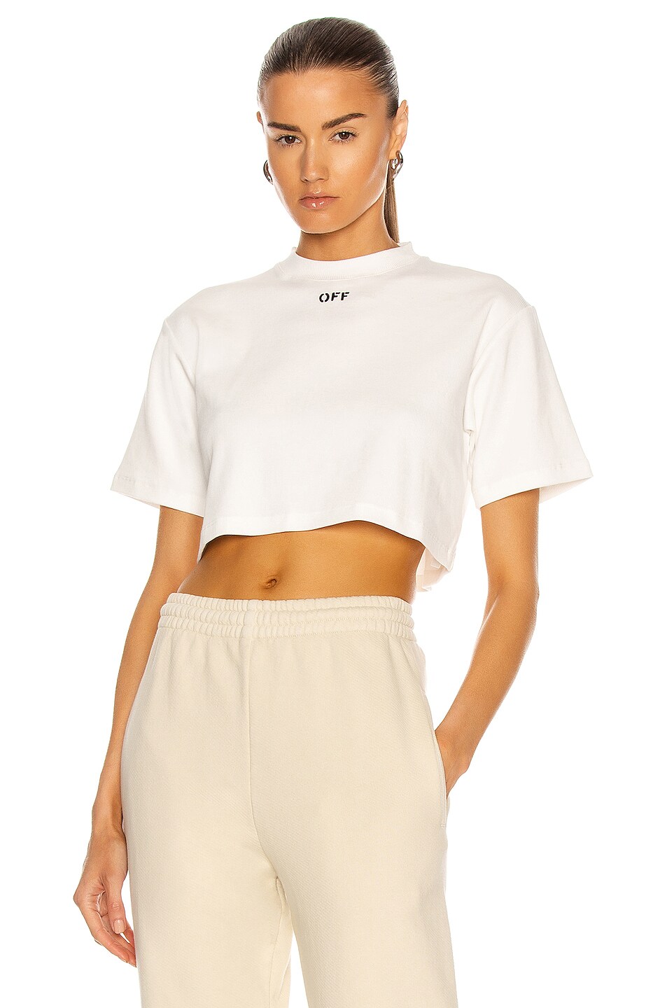 Image 1 of OFF-WHITE Rib Cropped Casual Tee in White & Black