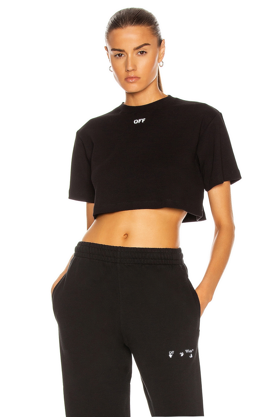 Image 1 of OFF-WHITE Rib Cropped Casual Tee in Black & White