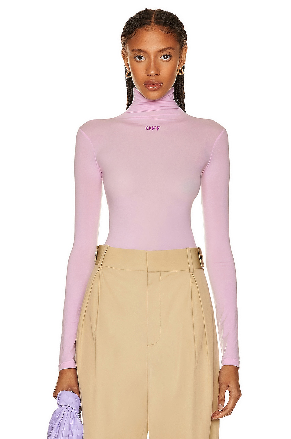 Image 1 of OFF-WHITE Off Stamp Second Skin Turtleneck Long Sleeve Top in Lilac & Fuchsia