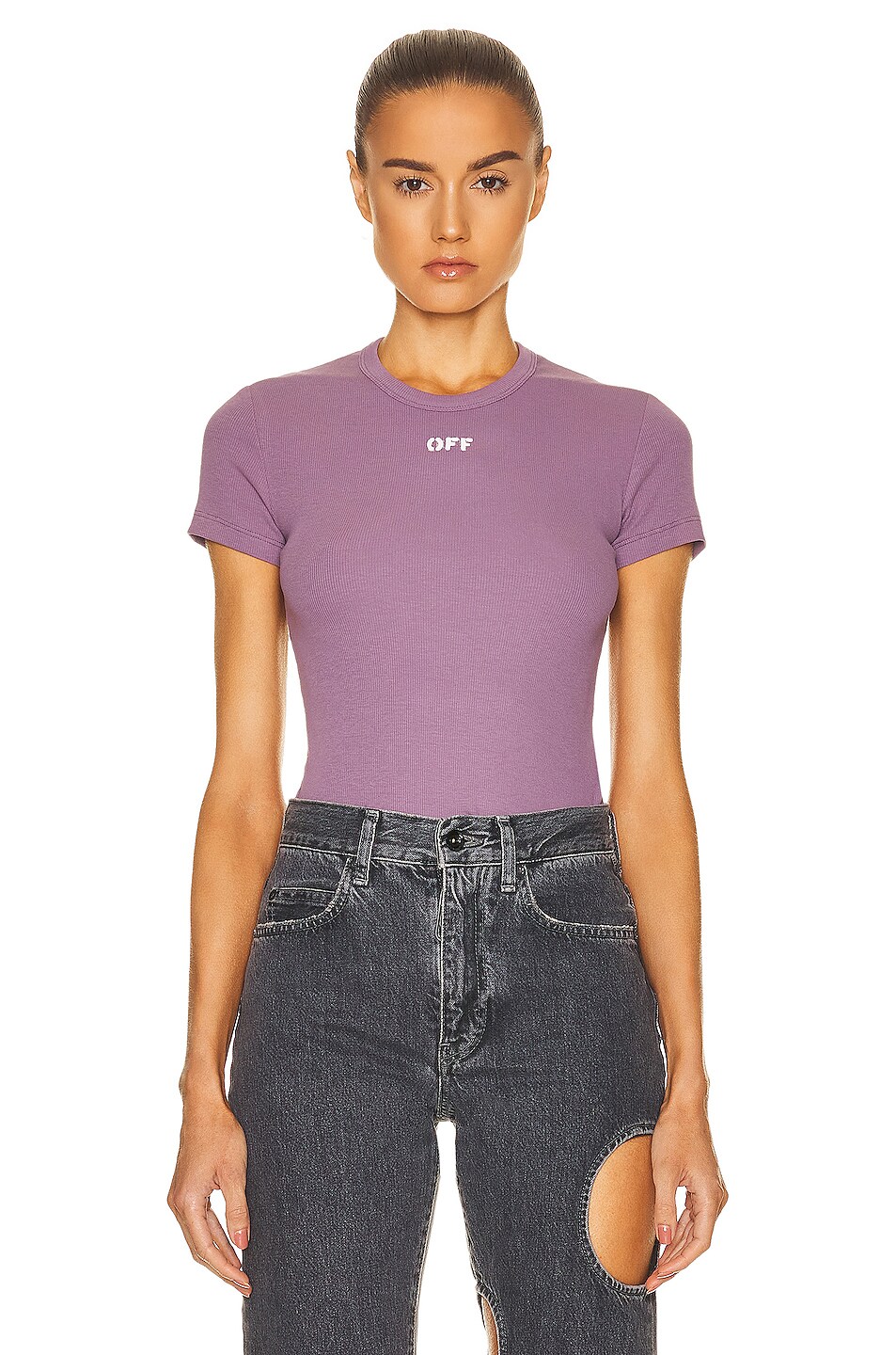 Image 1 of OFF-WHITE Off Stamp Ribbed Basic Tee in Violet & White