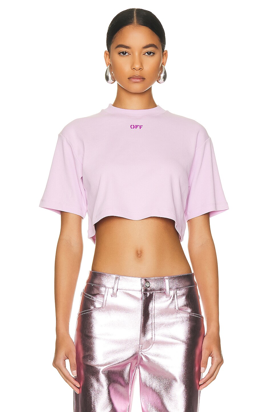 Image 1 of OFF-WHITE Off Stamp Ribbed Cropped Tee in Lilac Fuchsia