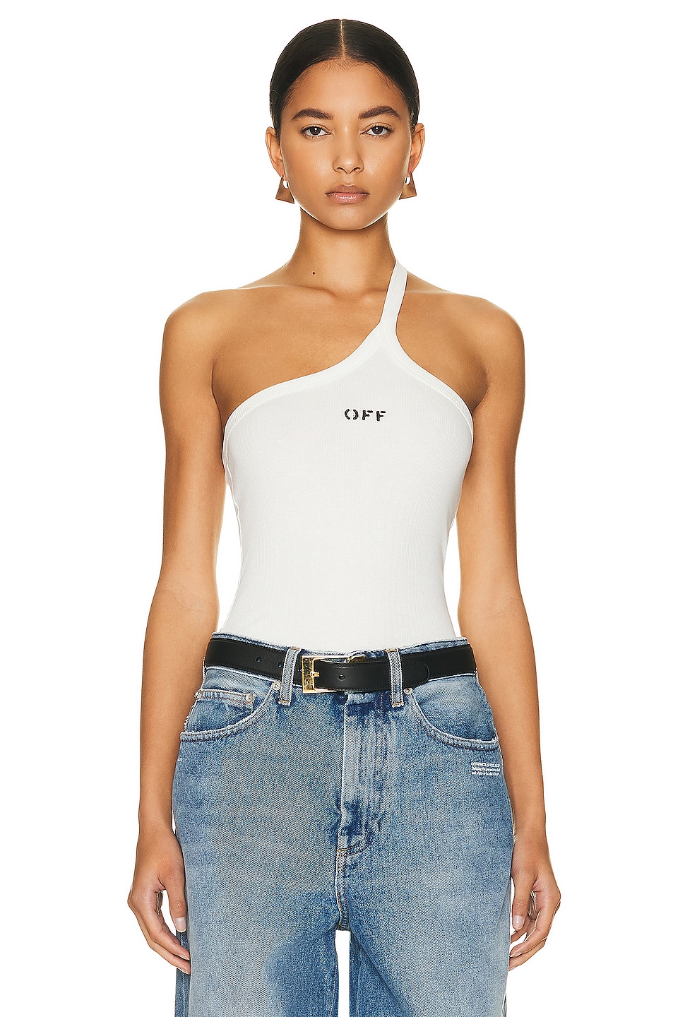 Image 1 of OFF-WHITE Off Stamp Rib Asymmetric Tank Top in White & Black