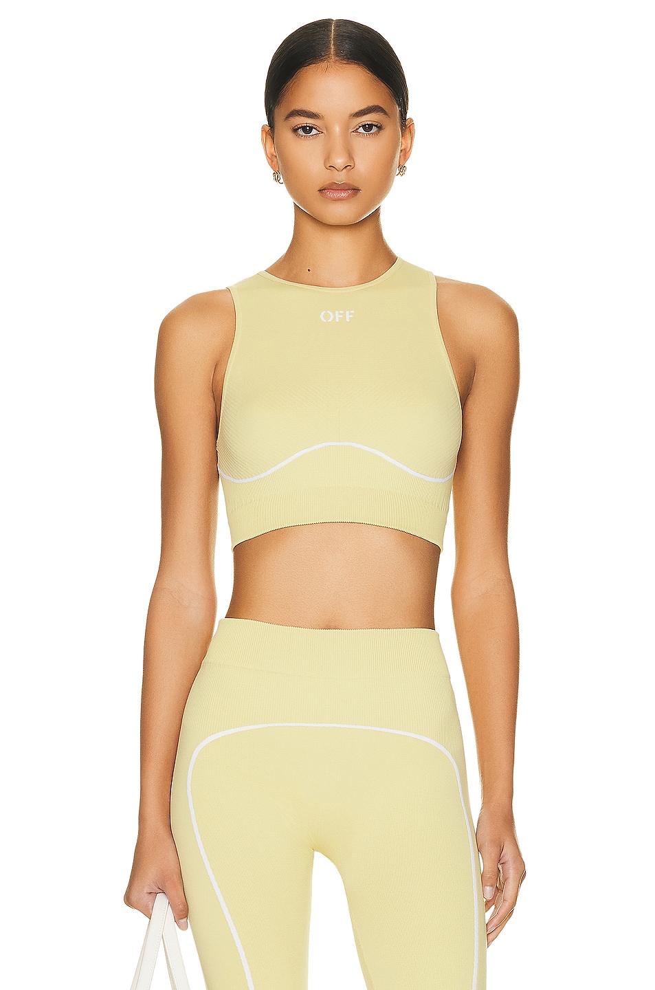 Image 1 of OFF-WHITE Athleisure Off Stamp Seamless Bra Top in Light Green & White
