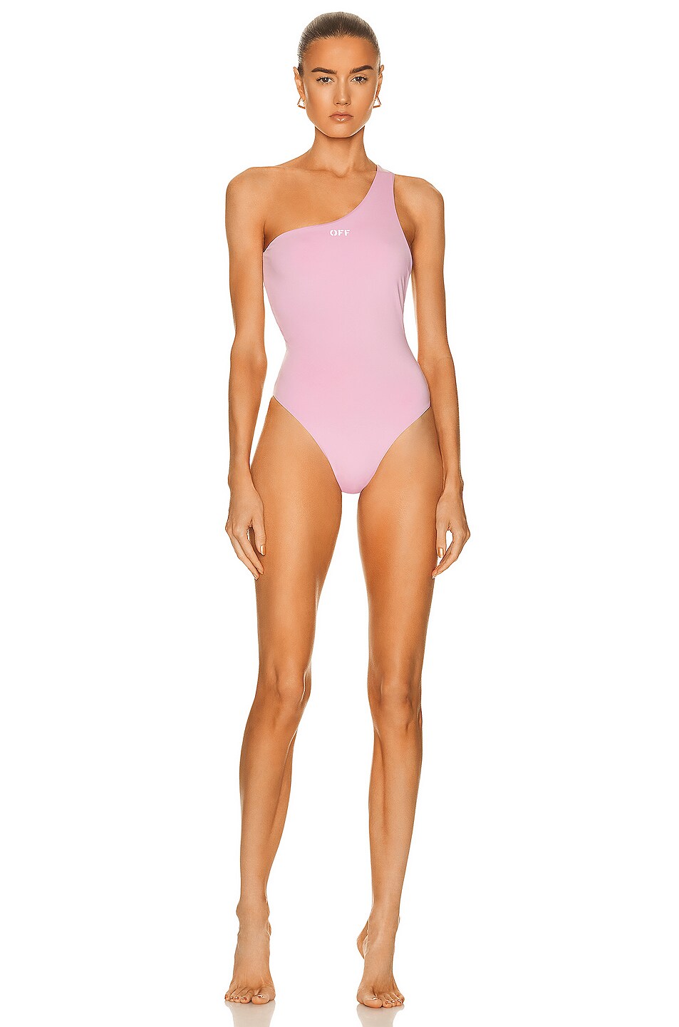 Image 1 of OFF-WHITE Off Stamp One Shoulder Swimsuit in Lilac & White