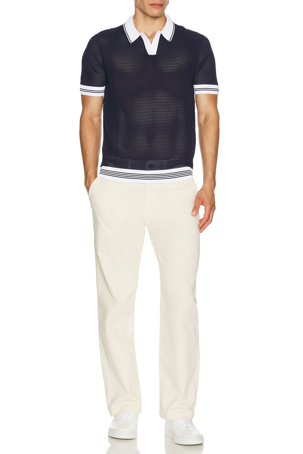 Image 1 of onia Mesh Knit Polo in Deep Navy & White
