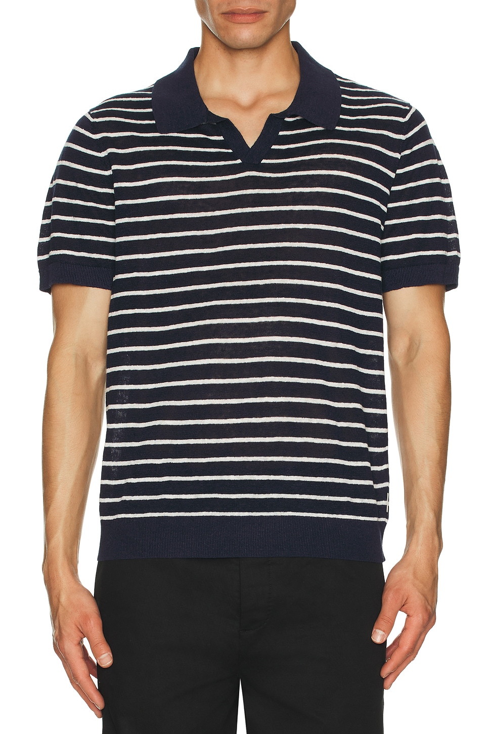 Image 1 of onia Linen Johnny Collar Polo Sweater in Deep Navy & White