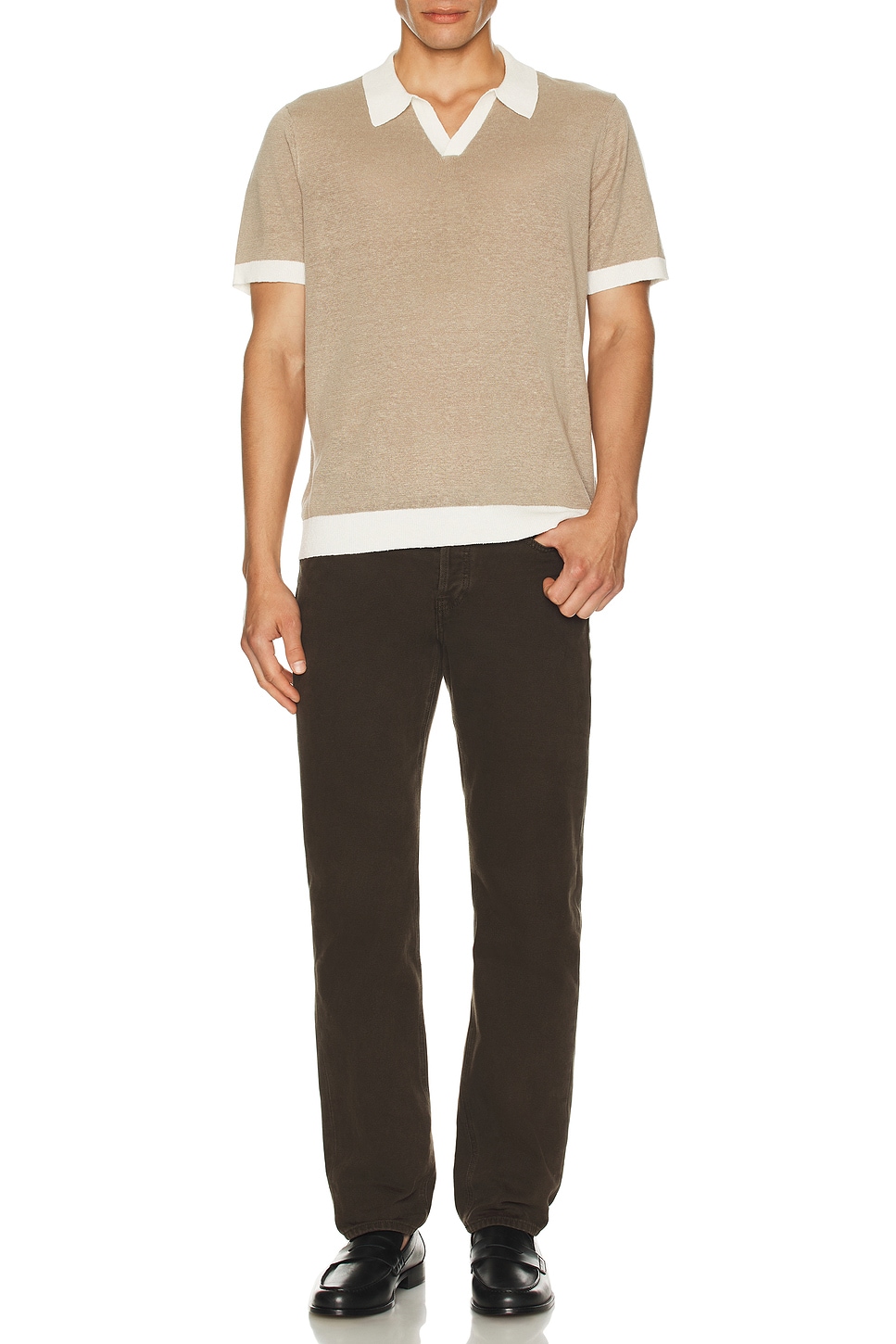Image 1 of onia Linen Johnny Collar Polo in Tan & White