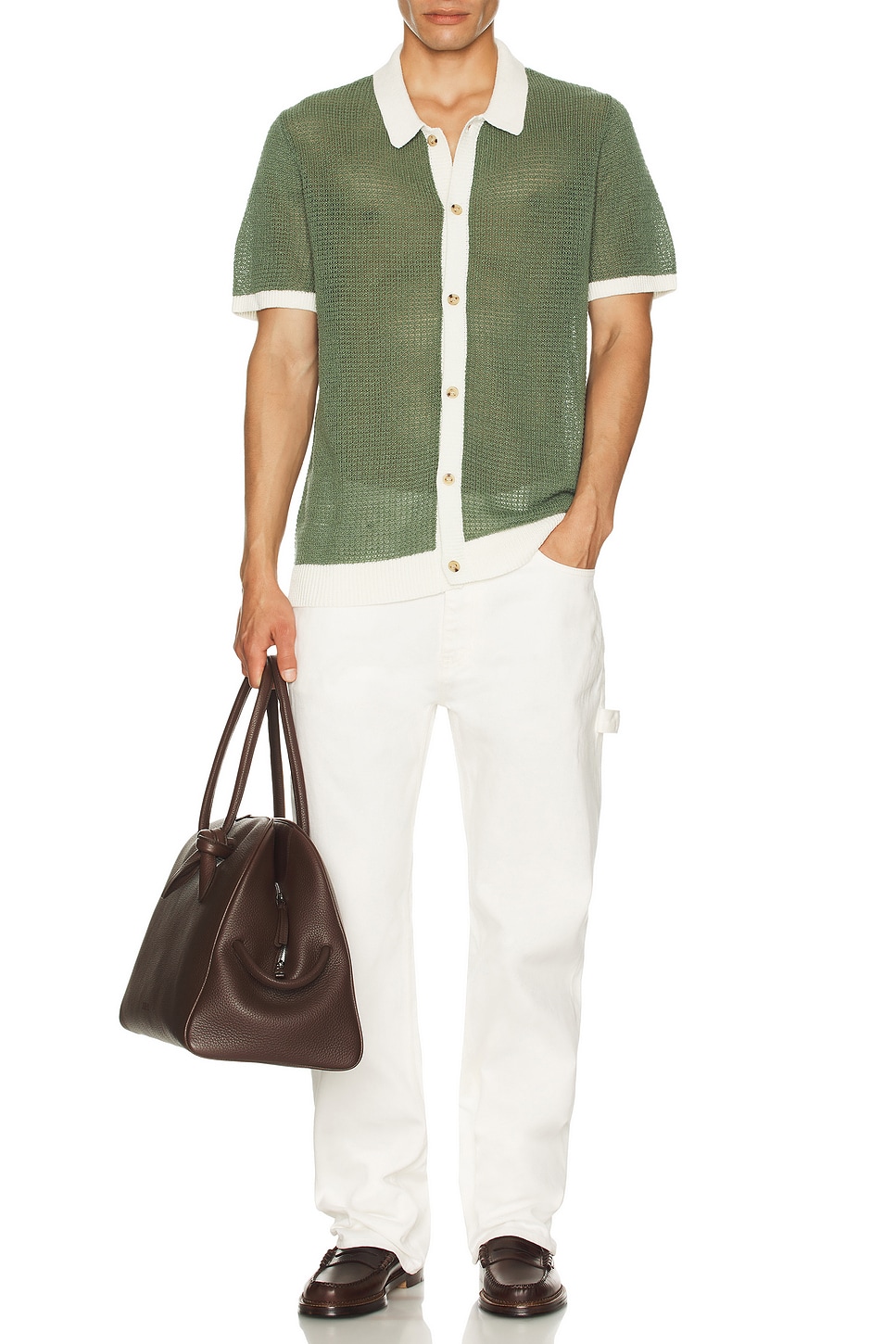 Image 1 of onia Linen Short Sleeve Button Up Knit Shirt in Seaspray & White