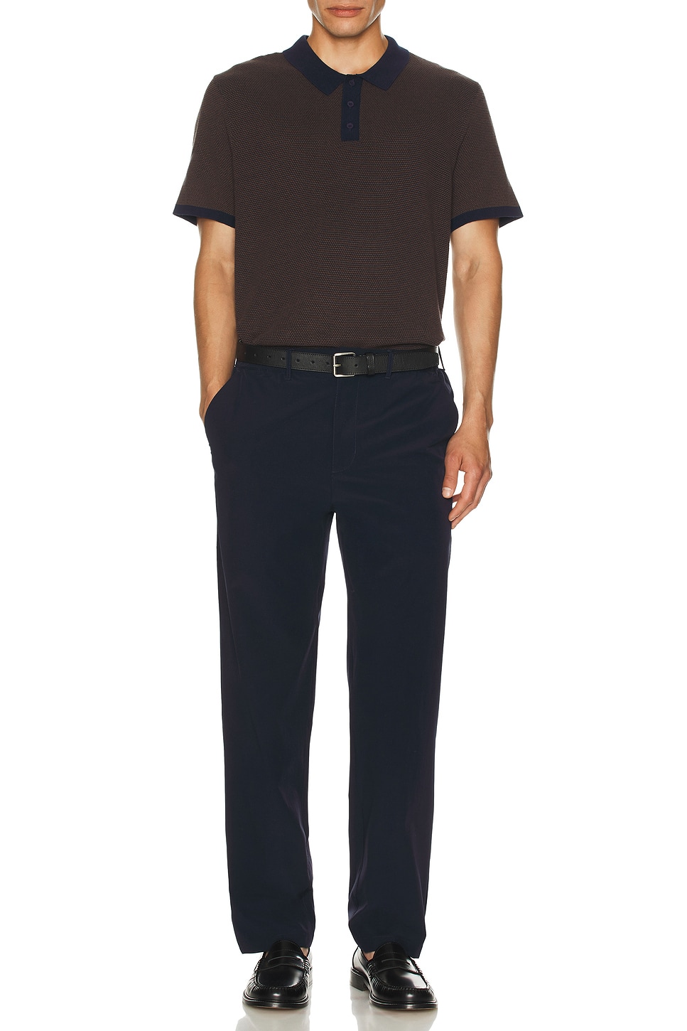 Image 1 of onia Cotton Textured Knit Polo in Chesnut & Navy