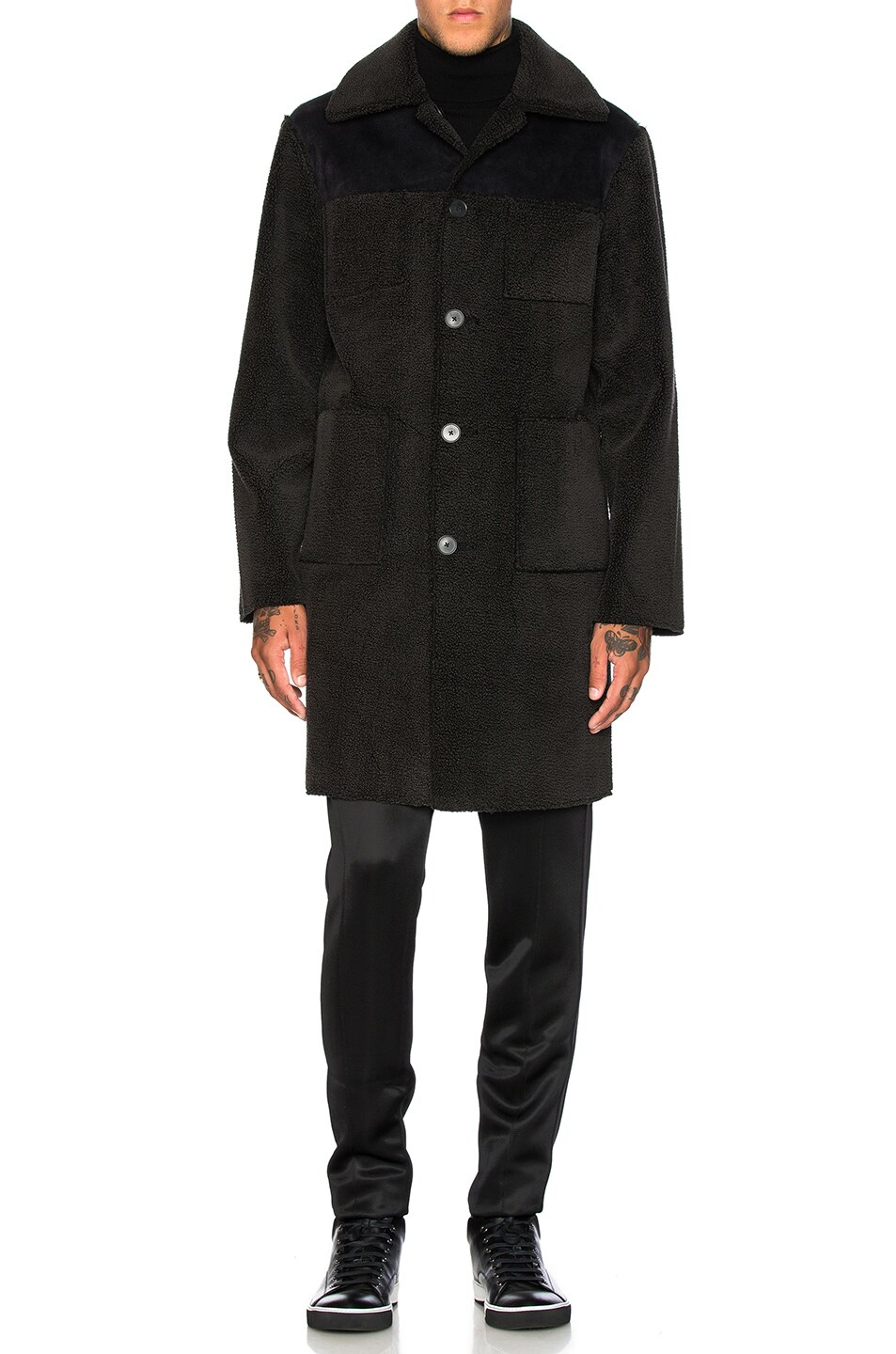 Image 1 of Opening Ceremony Faux Suede & Shearling Back Over Coat in Black