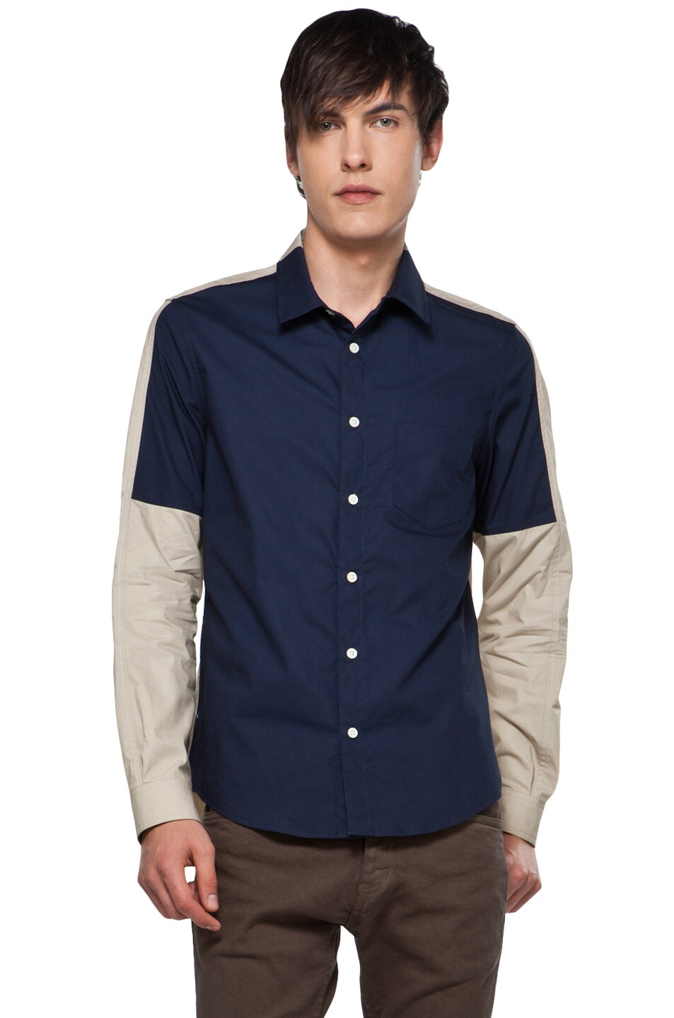 Image 1 of Opening Ceremony Pieced Button Down in Khaki Sulfur & Navy Sulfur