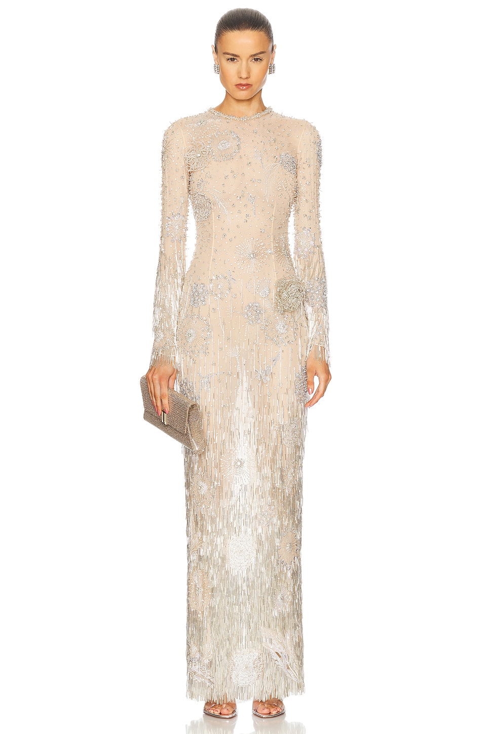 Image 1 of Oscar de la Renta Long Sleeve Crystal Gown in Silver