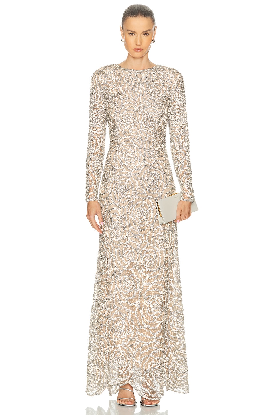 Image 1 of Oscar de la Renta Long Sleeve Gown in Silver