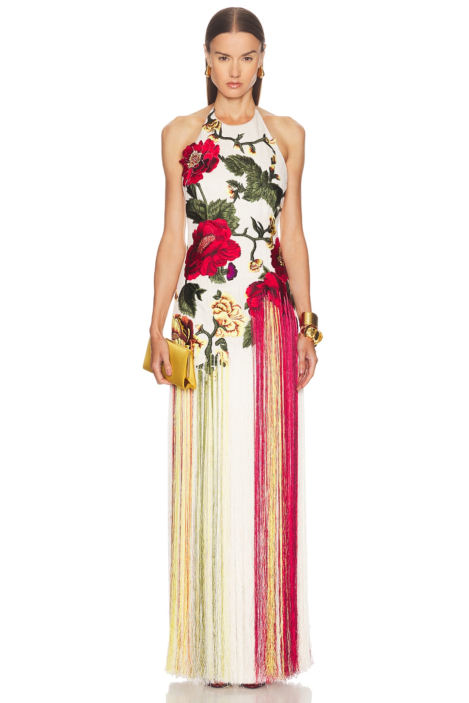 Image 1 of Oscar de la Renta Halter Neck Embroidered Gown in Ecru & Multi