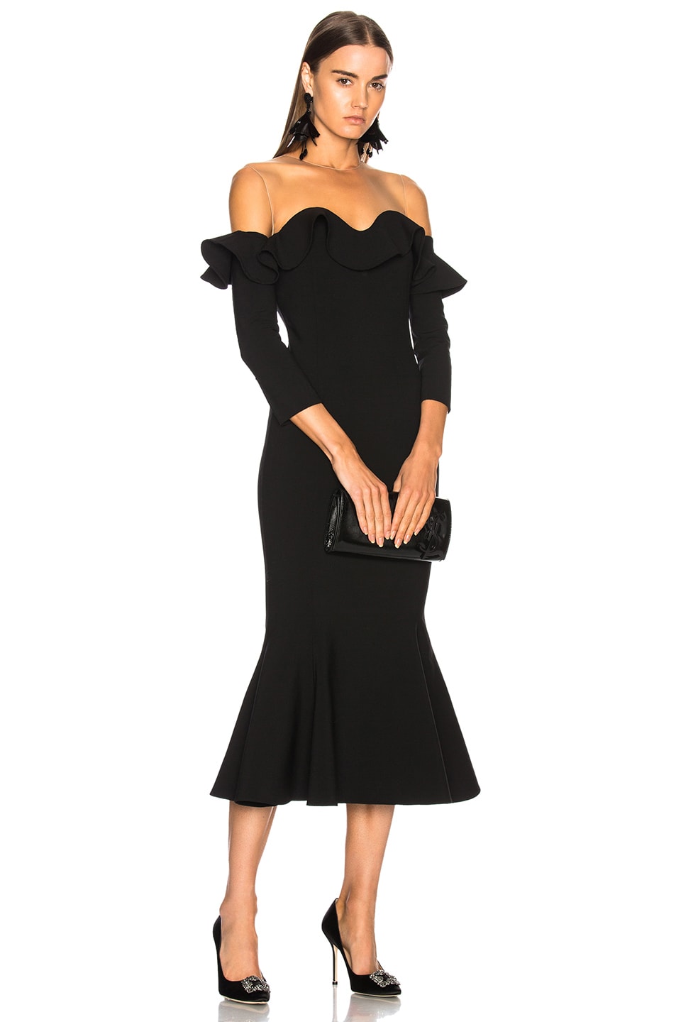 Image 1 of Oscar de la Renta Ruffled Off Shoulder Cocktail Midi Dress in Black