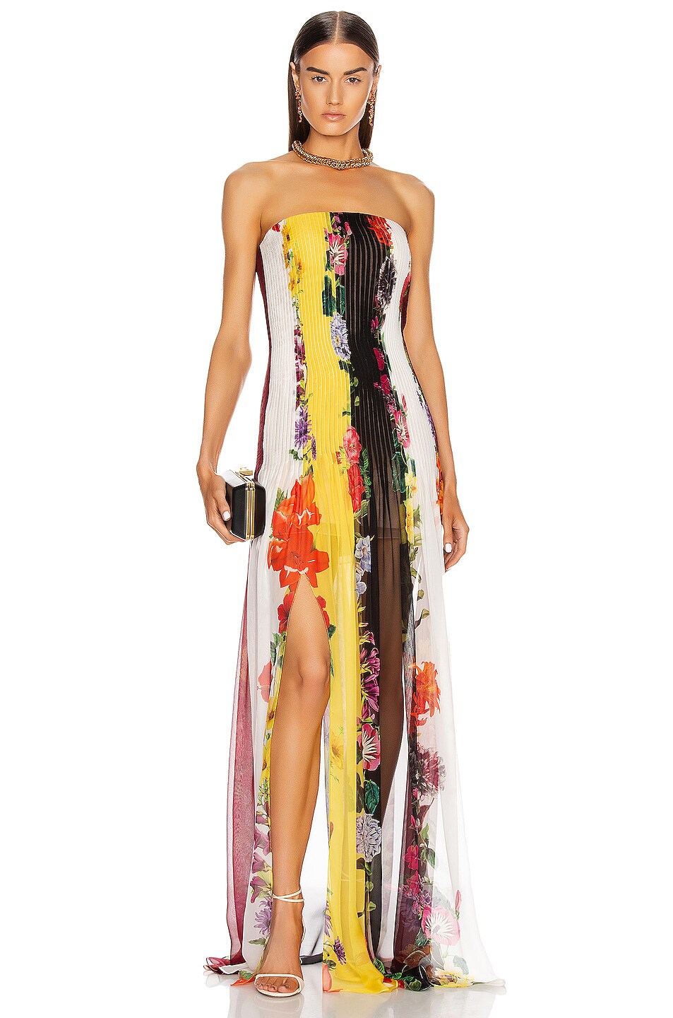 Image 1 of Oscar de la Renta Strapless Floral Striped Gown in Ivory Multi